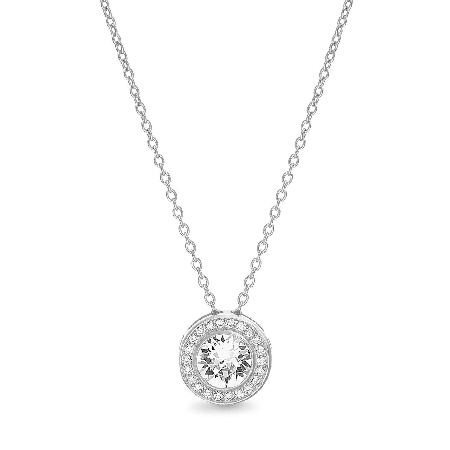 10 Cttw Pave Halo Disc Necklace & Stud Earring With Crystals 18K White