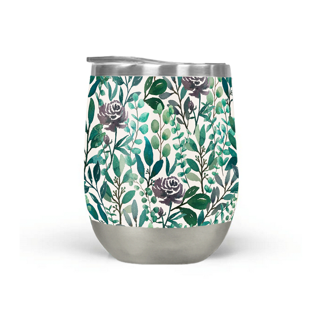Purple Flowers and Eucalyptus Leaves Stemless Wine Tumbler