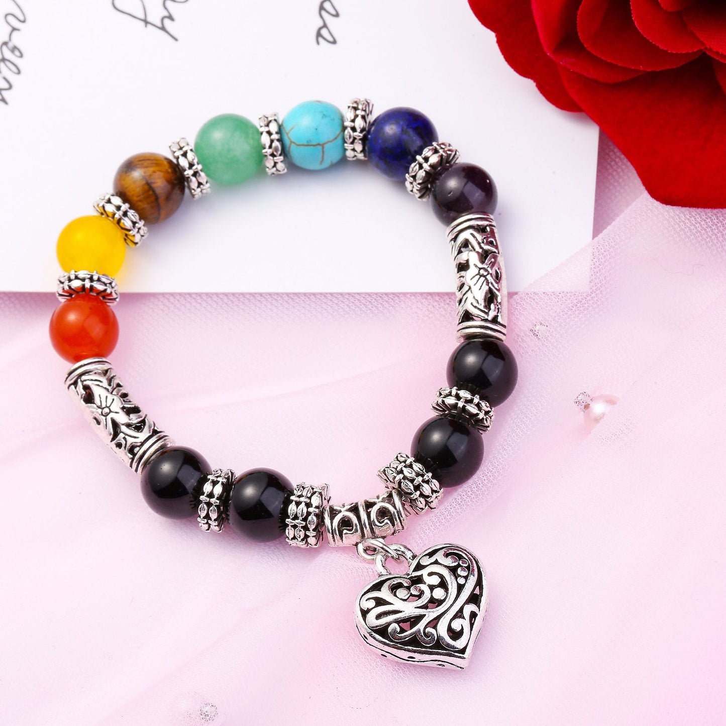 Filigree Heart Rainbow Chakra Women's Bracelet