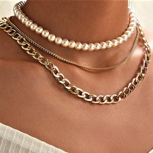 Pearl and Curb 3 Piece Layer 18K Gold Plated Necklace in 18K Gold