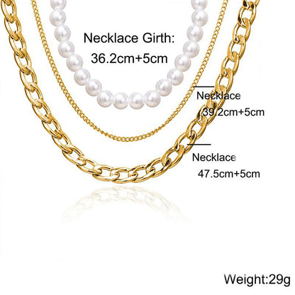 Pearl and Curb 3 Piece Layer 18K Gold Plated Necklace in 18K Gold