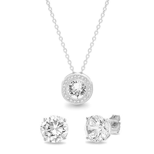 10 Cttw Pave Halo Disc Necklace & Stud Earring With Crystals 18K White