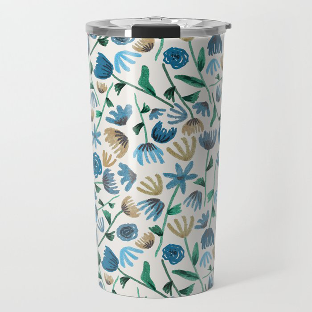 Blue Ink Floral Travel Coffee Mug