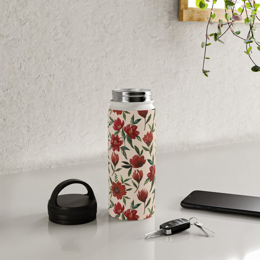 Red Fall Flowers Handle Lid Water Bottle