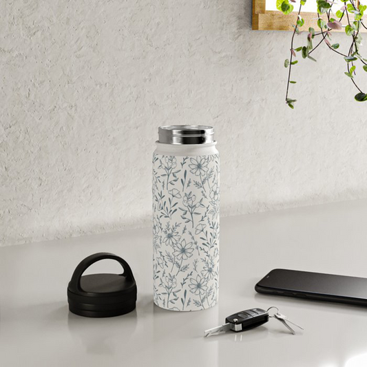 Blue Gray Flower Handle Lid Water Bottle