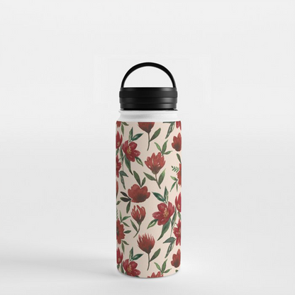 Red Fall Flowers Handle Lid Water Bottle