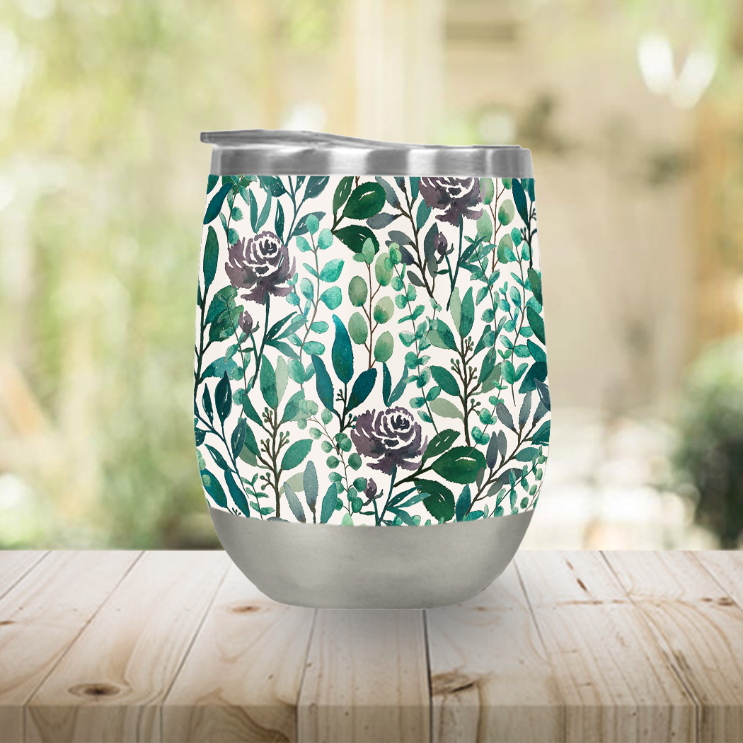 Purple Flowers and Eucalyptus Leaves Stemless Wine Tumbler