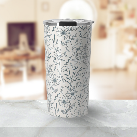 Blue Gray Flower Travel Mug